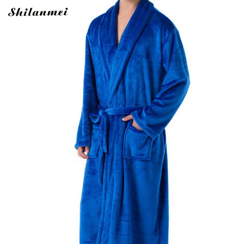 Afslappet mandlig morgenkåbe herre badekåber langærmet revers krave herre flannel morgenkåbe med bælte plys kimono varm mandlig badekåbe frakke