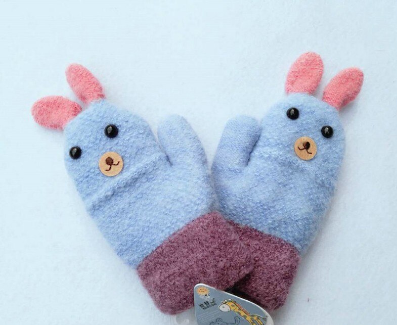 Para 2-4y alta qualidade winte bebê crianças luvas de malha inverno caixa coelho pacote das crianças dedos luvas quentes 2018: blue