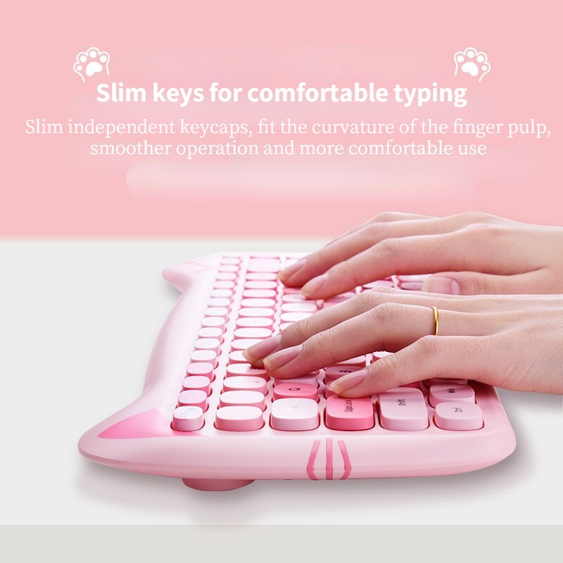 Cut Cat 2.4G Wireless Ergonomics Keyboard Set Mixed Candy Color Keycap Keyboard and Mouse Comb for Laptop Notebook PC Girls