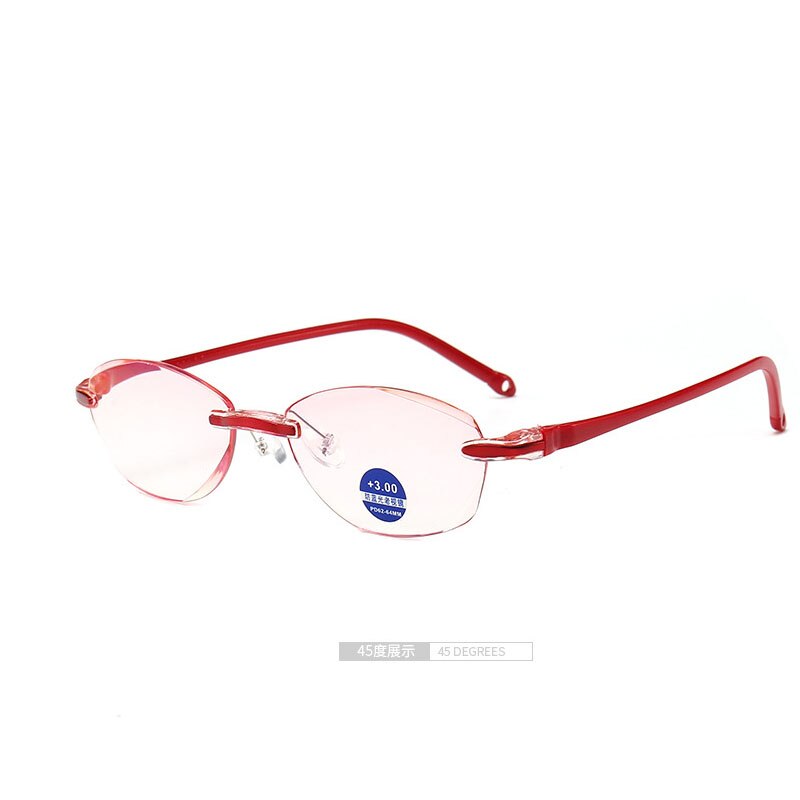 Leesbril voor dames zonder montuur, blauw licht blokkerende presbyopiebril, verziendheidsbril, montuurloze leesbril 1.0 1.5 2.0 2.5 3.0 3.50: +100 / Rood