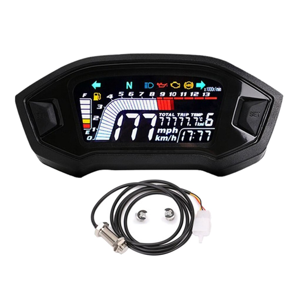 MLS062 RPM Speedometer Tachometer Odometer Gear Display LCD DC 12V Gauge 199km/h KMH MPH 1/2/3/4/5/6N For 1 2 4 Cylinder: With Sensor A