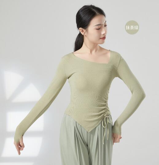 Vrouwen Moderne Danskleding Vingermouwen Zoom Trekkoord Gebreide Tops Stage Performance Kleding China Slim Fit Yoga Kostuum: L / Blauw