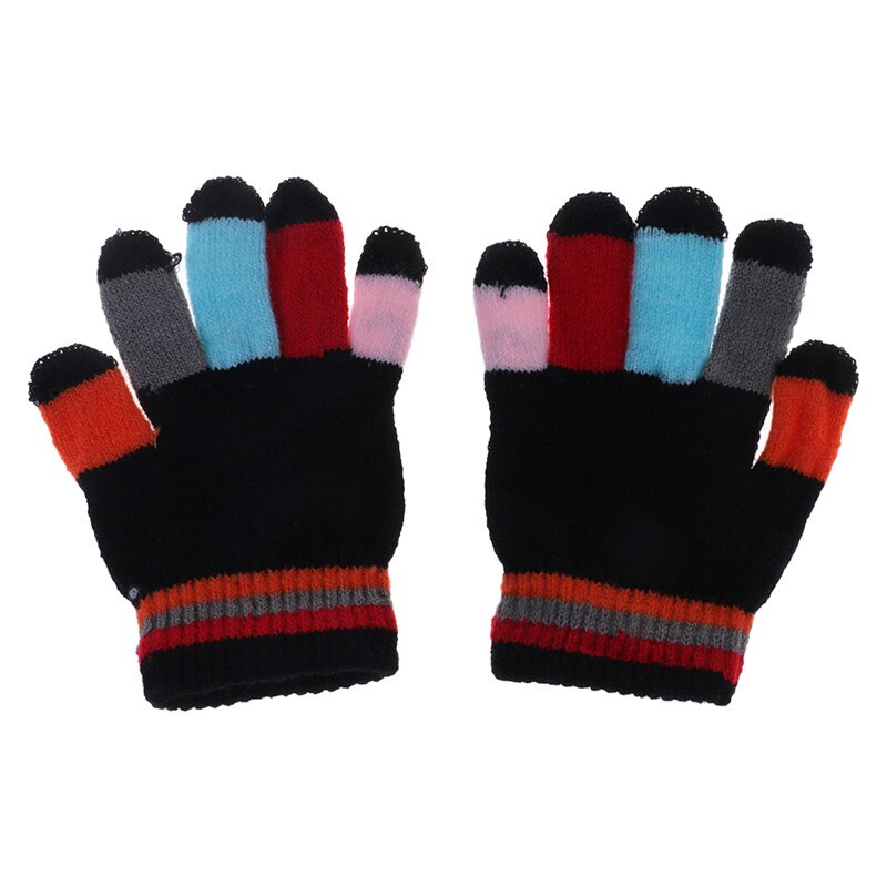 1 Pair Kids Gloves Full Finger Warm Winter Children Colorful Stripe Knitted Boys Girls Solid Glove Multi Color Elastic: BK