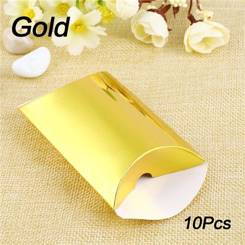 10 unids/lote caja con forma de almohada caja de dulces para regalar caja para recuerdo de de boda cartón de decoración/PVC/marrón Kraft: Dorado