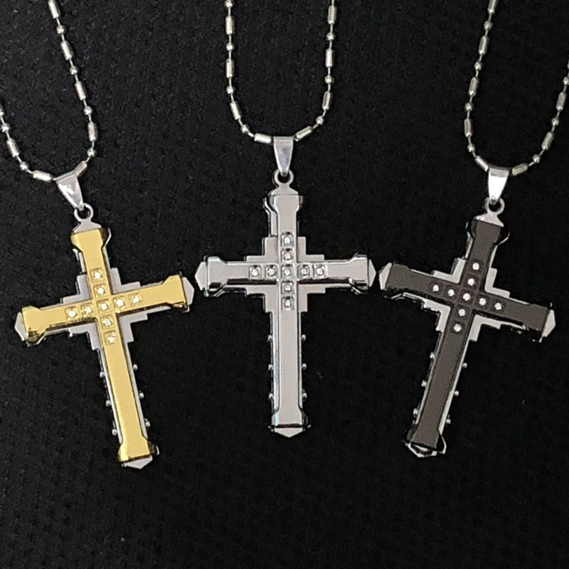 Cross Necklace For Men Jesus Crystal Cross Pendant Necklace Black Silver Color Stainless Steel Necklace Jewelry