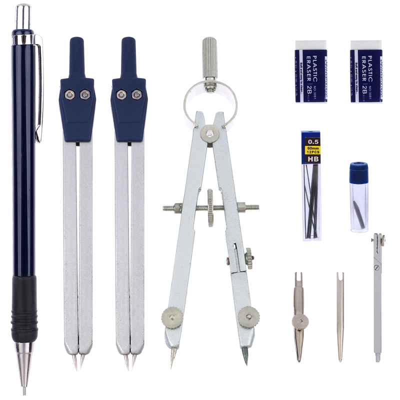 11Pieces Math Geometry Kit Set Metal Compass Geometry Precision Tool Set Circle Drawing Tools Rulers Protractors