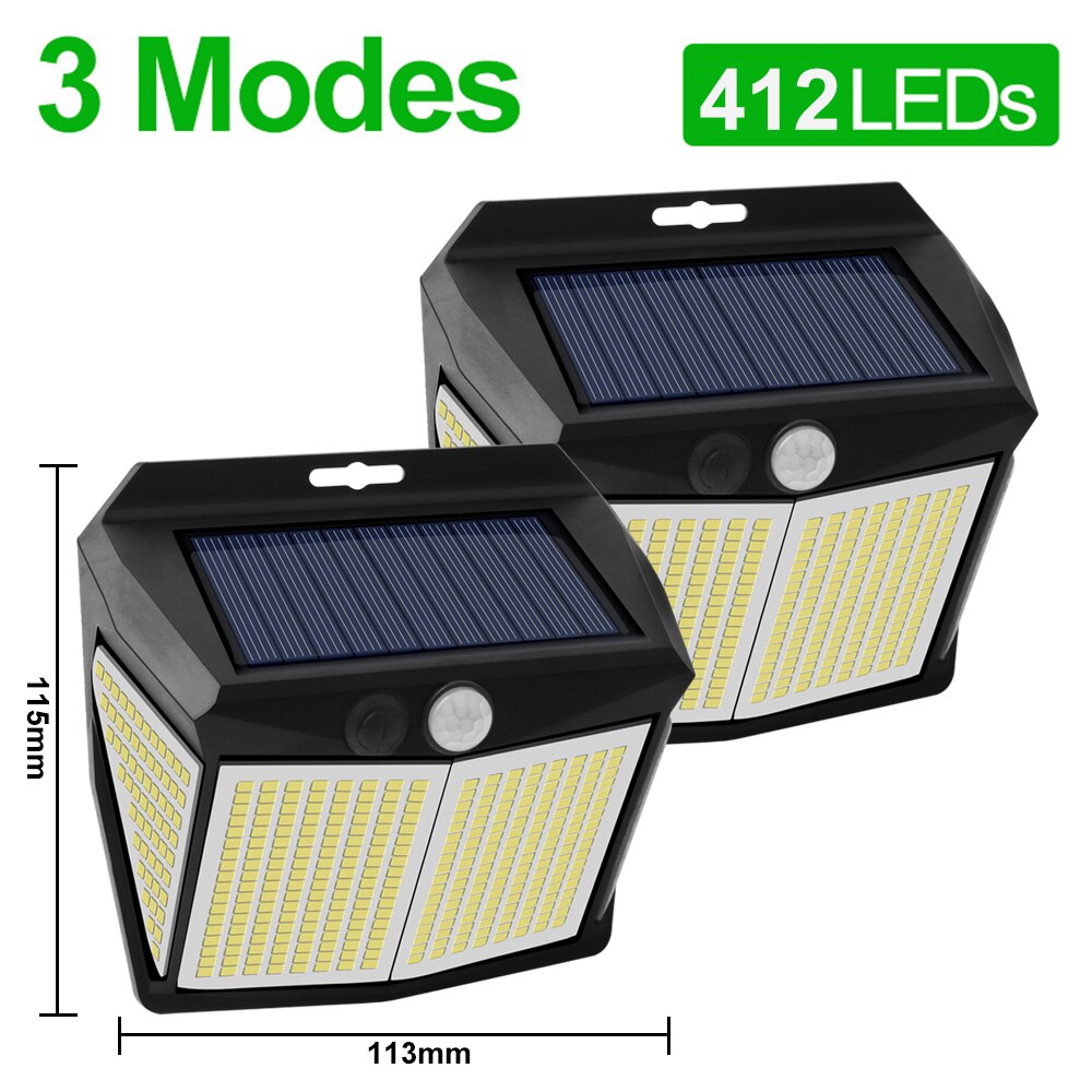 Luces solares 412 LED impermeables alimentadas por luz Solar, lámpara de pared de calle con 3 modos y Sensor de movimiento para decoración de Patio y jardín al aire libre: 412 LED-2 Pieces
