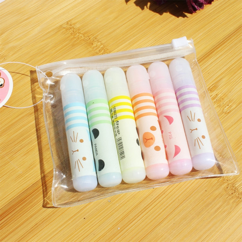 Set of 6 Cute Animals Panda Cat Mini Highlighter Paint Marker Pen Drawing Liquid Chalk Stationery School Office Supply