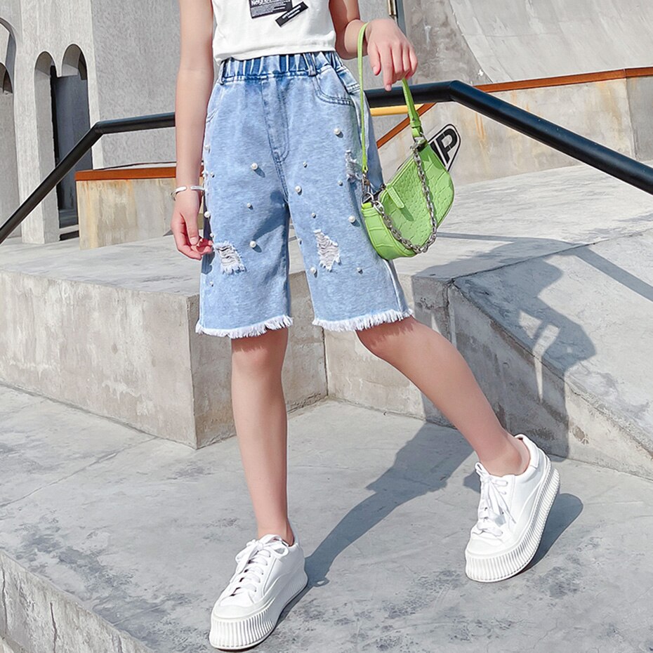 Summer Jeans Girl Pearls Girl Short Jeans Big Hole Trousers For Children Casual Style Children's Jeans Clothes