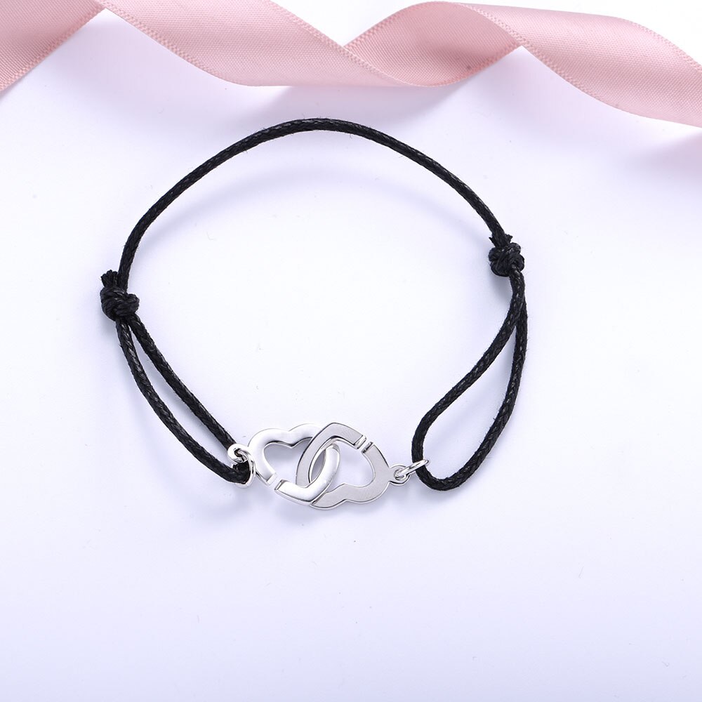 Heart Shaped 925 Prata Duplo Coeurs Moonmory Pulseira Para Mulheres E Homens Com Preto Corda Ajustar Pulseira Atacado