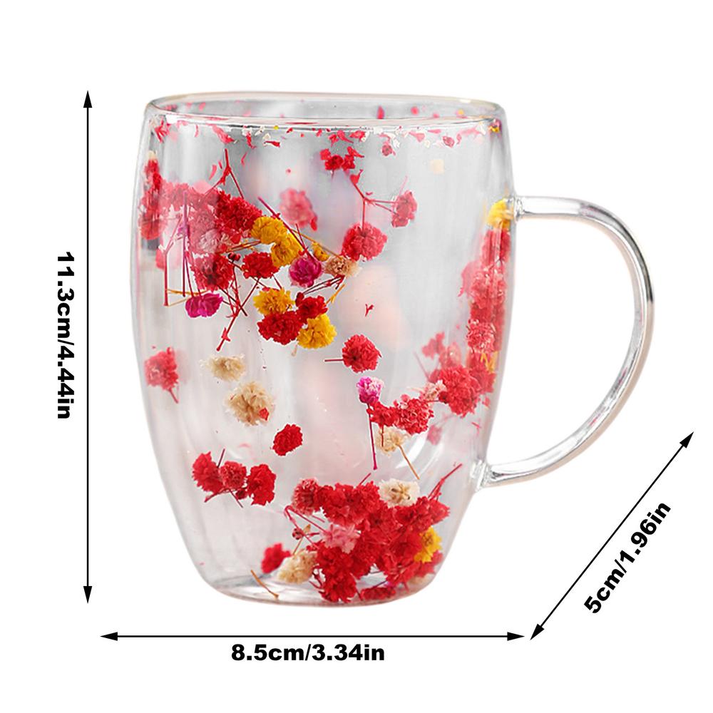 Geïsoleerde Laag Bloemen Koffiekopje Dubbelwandige Glazen Koffiemok Handvat Verbrandingsbeveiliging Glazen Mokken Gedroogde Bloemen Warmte-isolatie cup: Rood