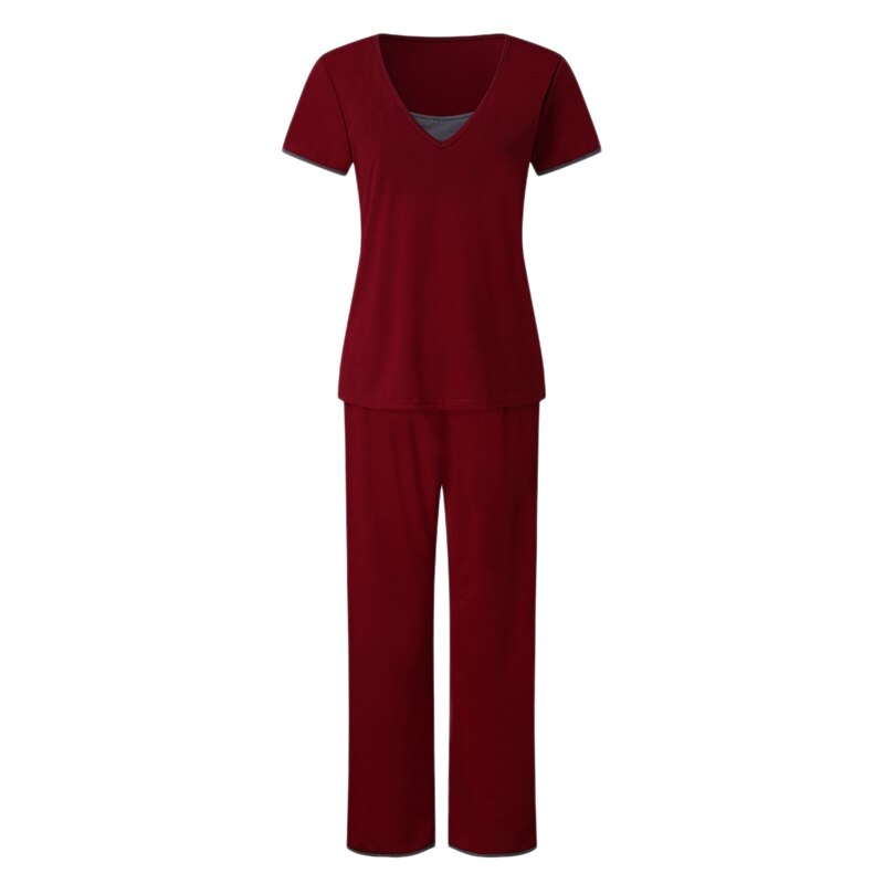 Maternity Pajamas Women Maternity Short Sleeve Nursing Baby T-Shirt Tops+Long Pants Pajamas Set: Wine red S