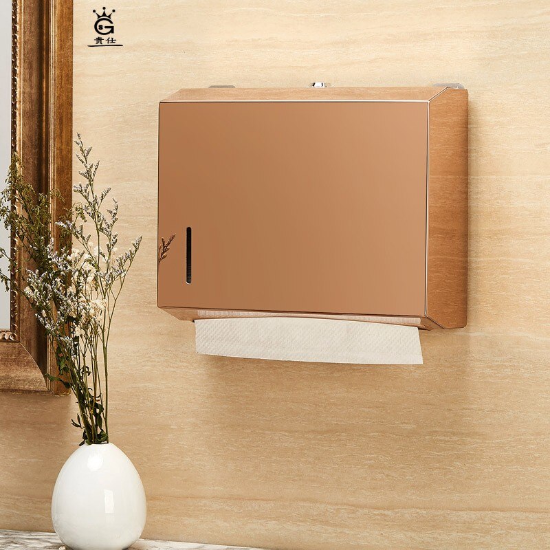 Caja metálica de pañuelos de papel, dispensador de toallas de papel, oro, baño público, pared doble de acero inoxidable, montada en la pared, sin perforación, FH020