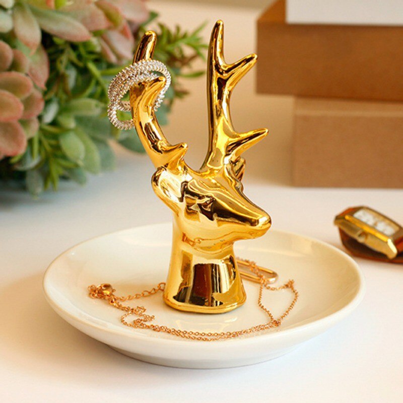 Plato de almacenamiento con forma de cuerno de ciervo dorado, Mini bandeja creativa de cerámica para anillos, collar , Plato decorativo de exhibición, bandeja de cerámica para joyería