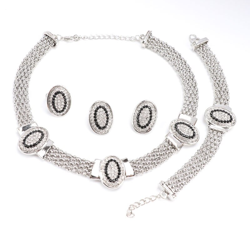 Ovale forme argent plaqué cristal ensemble de bijoux de mariage mariée africaine bijoux fantaisie ensembles pour les femmes: black