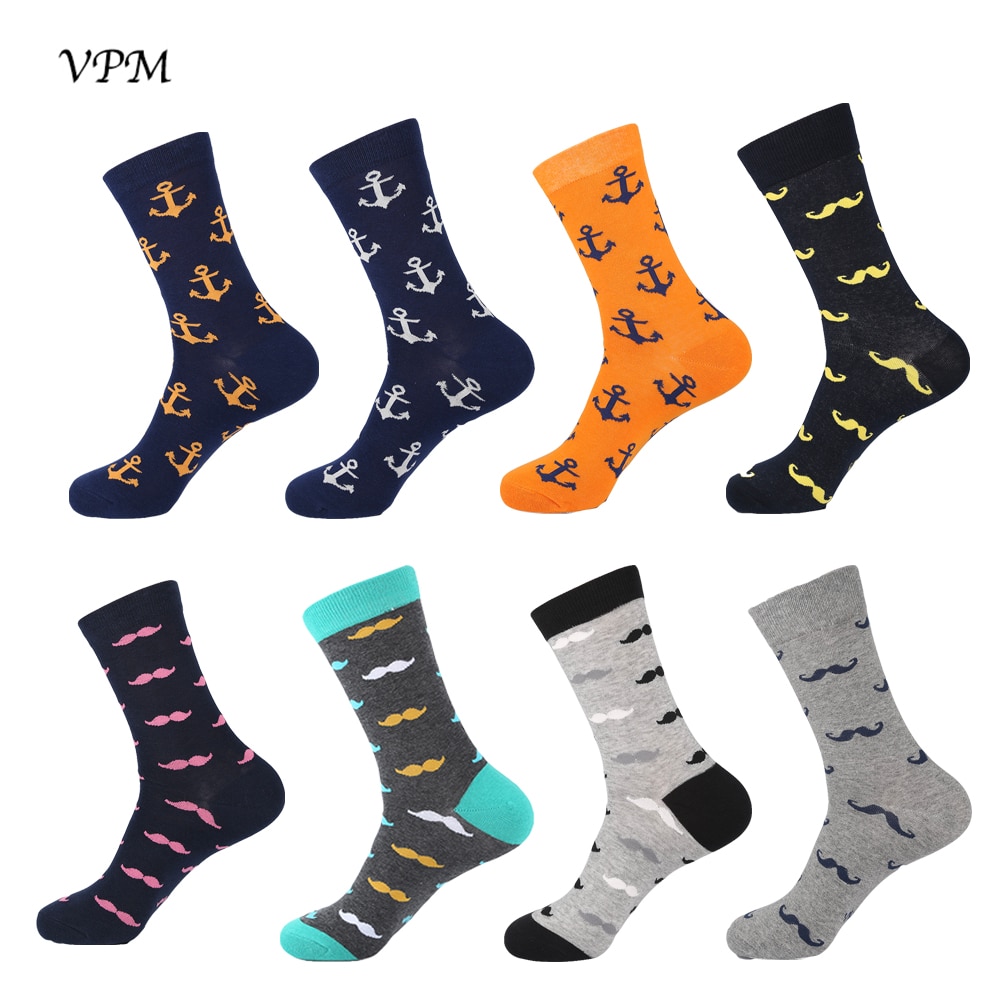 VPM Combed Cotton Men&#39;s Socks Moustache Naval Anchor Long Cool Skate Sock for Men Wedding Party