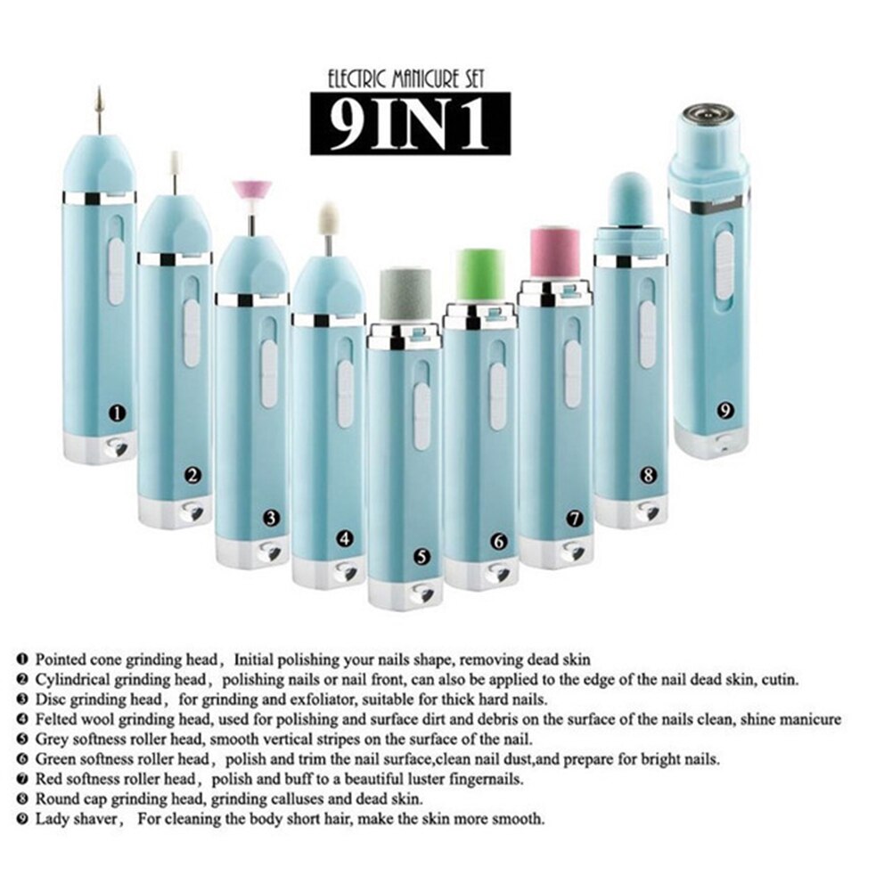 9 In 1 Electric Nail Sander Pedicure Manicure Kit Electric Nail Drill Machine Kit Remove Polish Nail Art Pen Pedicure Nail File