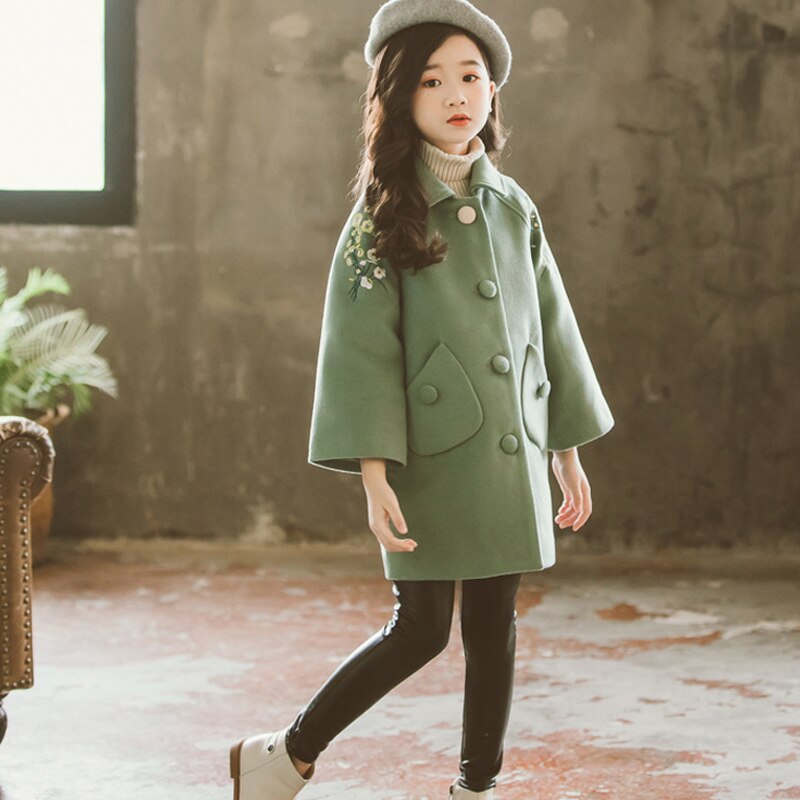 Korean Winter Overcoat Woolen Coat Baby Girls Warm Thickening Tops Lapel Flower Pattern Kids Children Outwear Clothing