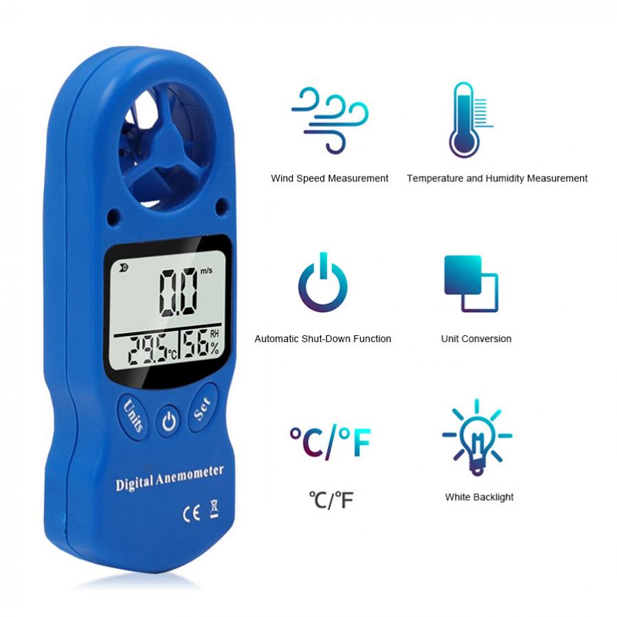 3 In 1 Digital Anemometer Handheld Wind Speed Meter with Temperature and Humidity for Measuring Wind Speed with Backlight Screen