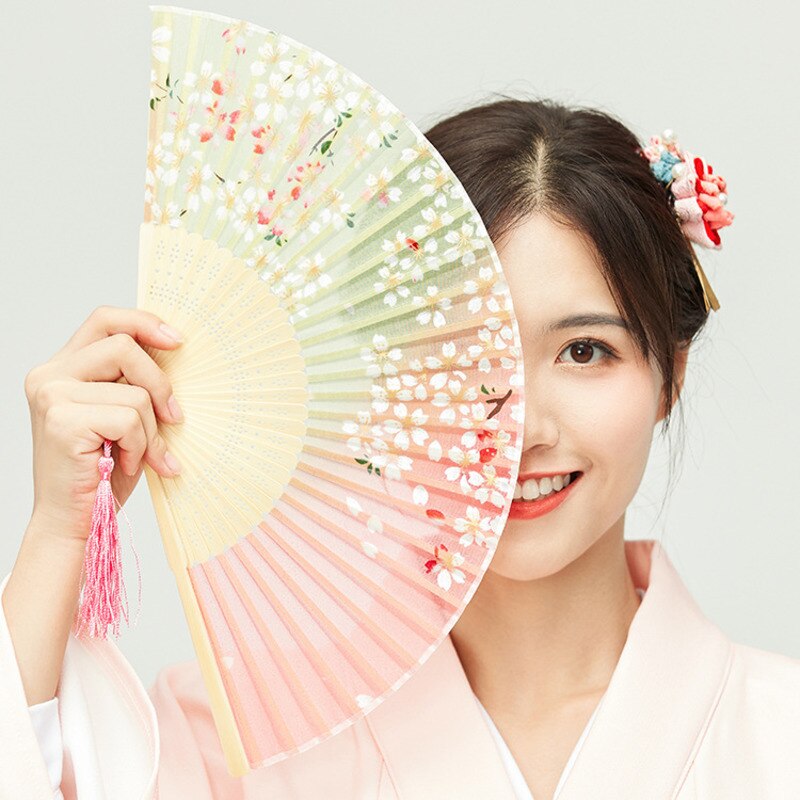 Chinese Hand Fan Opvouwbare Fan Antieke Zijde Imitatie Hanfu Vrouwen Japanse Kwastje Zwarte Bone Opvouwbare Fan Eventail Een Belangrijkste