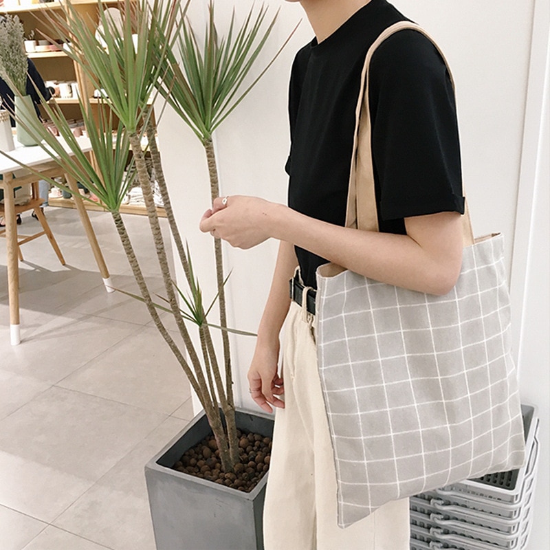 Vrouwen Canvas Draagtas Katoen Plaid Print Boodschappentassen Opvouwbare Vrouwelijke Handtas Herbruikbare Eco Strand Shopper Bag