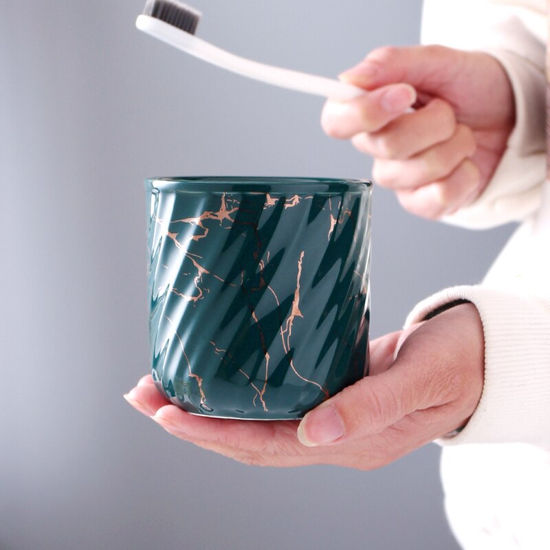 Ceramics 270ml Brushing Cup Simple Style Mouthwash Cup Marble Thread Lotion Bottle Separate Press-type Empty Bottle Couple Suit