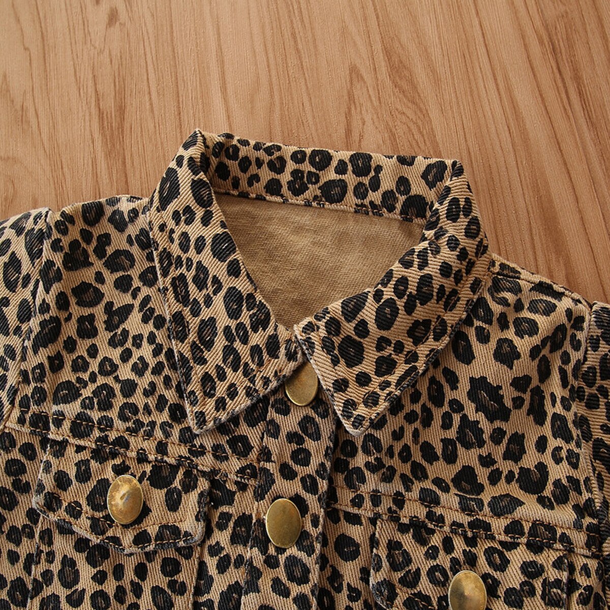 Bambine Primavera Estate Autunno Giacca A Maniche Lunghe Piegato Collare Del Modello Del Leopardo Pulsante-Imbottiture Design del Frontale Tasche Giubbotti