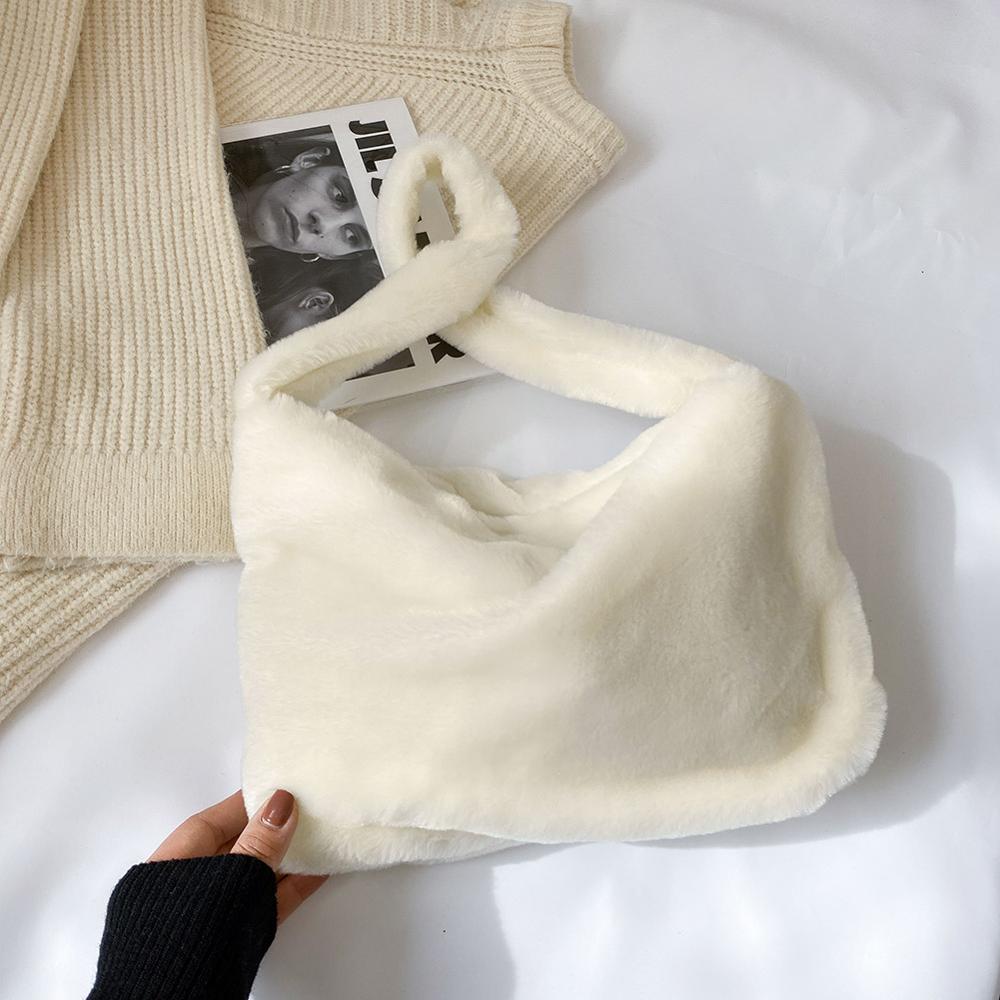 Zoete Bloem Faux Fur Vrouwen Handtas Mode Zachte Pluche Schoudertassen Voor Vrouwen Leuke Bloem Afdrukken Portemonnee Onderarm tas: Beige