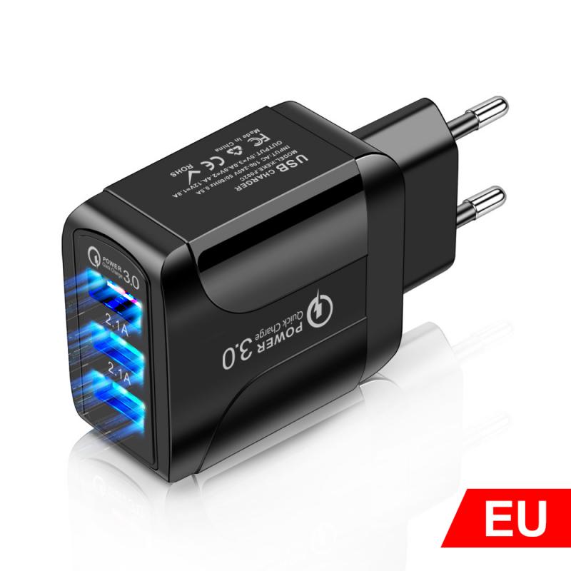 Cargador luminoso 3USB 2.4A para teléfono inteligente, cargador de paso para tableta, cargadores de teléfono móvil, telecomunicaciones: EU black