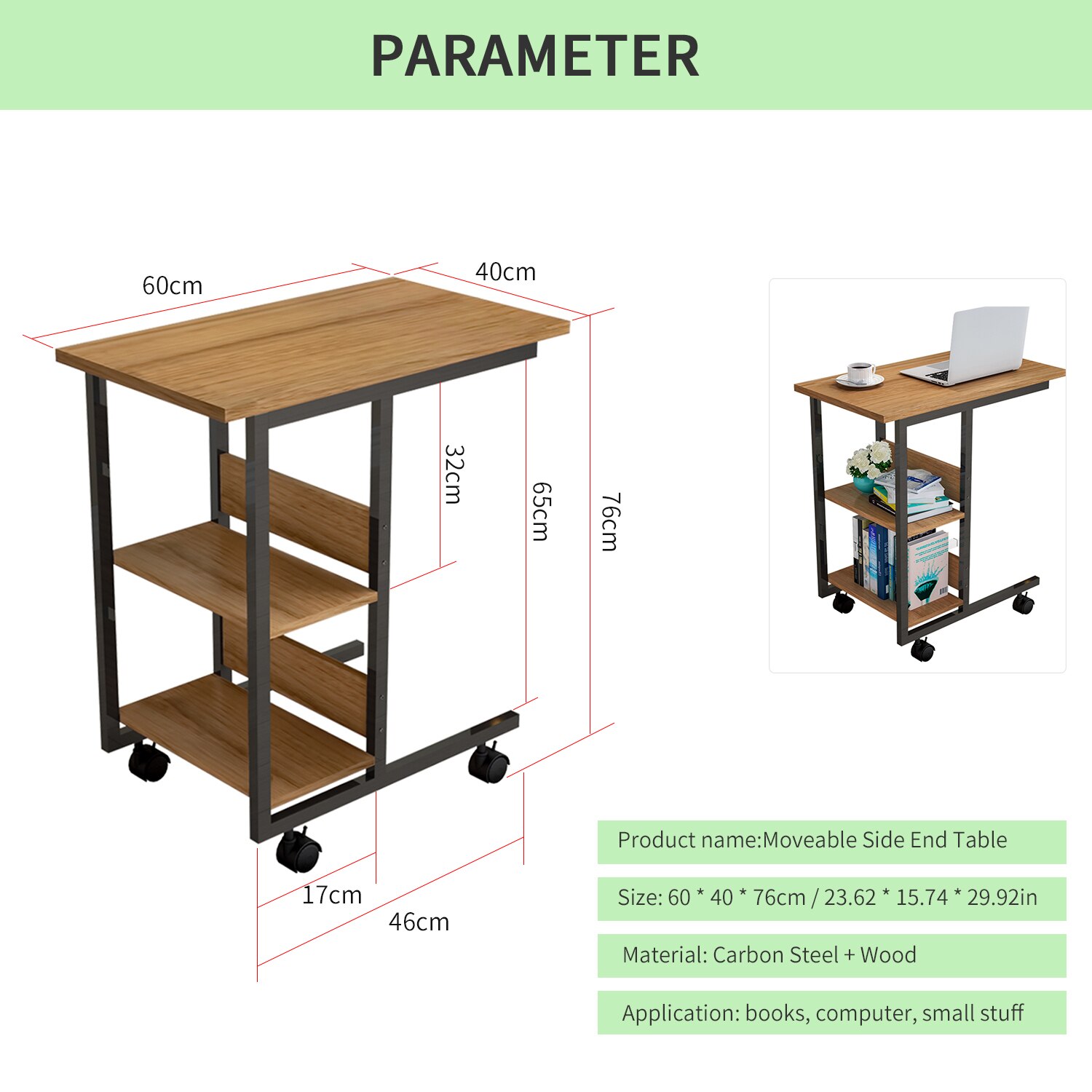 3-Tier Storage Table Mobile Laptop Side Table Tray for Sofa Bed Couch C-Shaped Table Desk Rolling Casters with Brakes Side Table