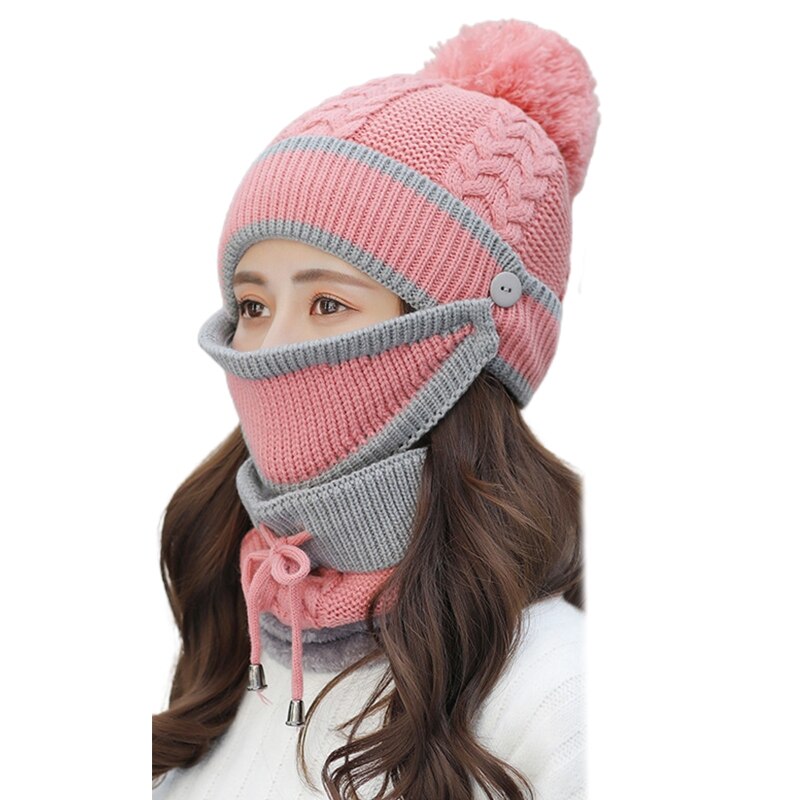 Bonnet 3 en 1 pour femmes, bonnet, chapeau, écharpe circulaire, ensemble de couverture faciale, peluche épaisse doublée, tricot épais, pompon, casquette de cyclisme, cache-cou: Rose