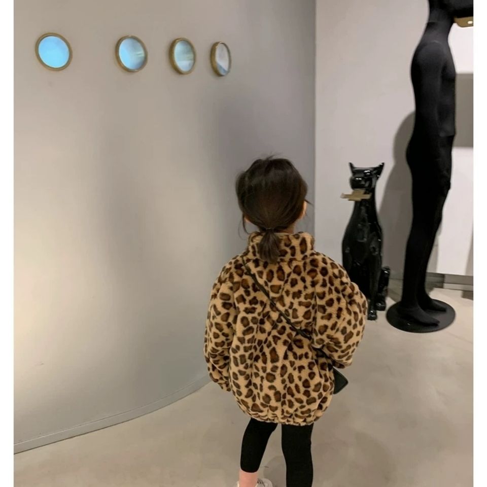 Børnetøj drenge piger frakke furry leopard print plus fløjl tyk vinter koreansk kort jakke