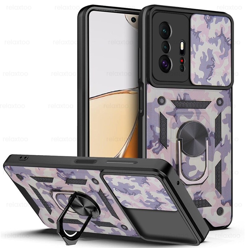 Mi11T Case Slide Camera odporny na wstrząsy pancerz Coque dla Xiaomi11T Xiaomi Xiomi Mi 11 T 11 T Pro magnetyczny uchwyt samochodowy pierścień Protect Shell: For Xiaomi 11T Pro / Camouflage Pink-05