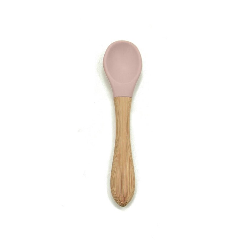 2PCS Baby Bamboo Training Spoons Organic Soft Baby Feeding Silicone Tip Spoon Scoop Easy Grip Handle Toddlers Infant: dusty pink