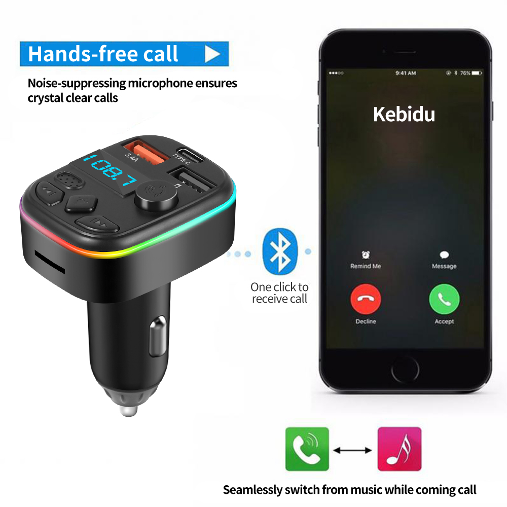 Auto Bluetooth 5.0 Fm-zender Handsfree Carkit Met PD 20W Type-C Dual USB 3.4A Snelle oplader Omgevingslicht Sigarettenaansteker