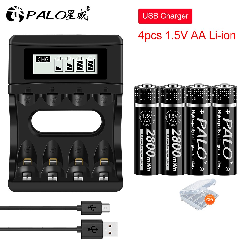 PALO – batterie rechargeable AA 1.5V, 2800mwh, lithium-ion, AA + 4 canaux, polymère, 1.5V: 4AA and charger