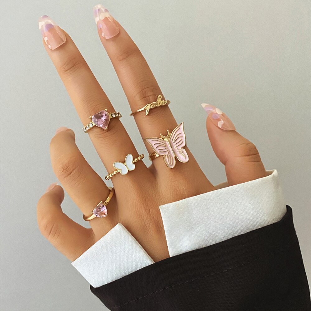 Ifmia Vintage Gouden Vlinder Kristal Ringen 2022 Bohemian Angel Heart Ring Voor Vrouwen Midi Vinger Ring Set Mode-sieraden: Default Title