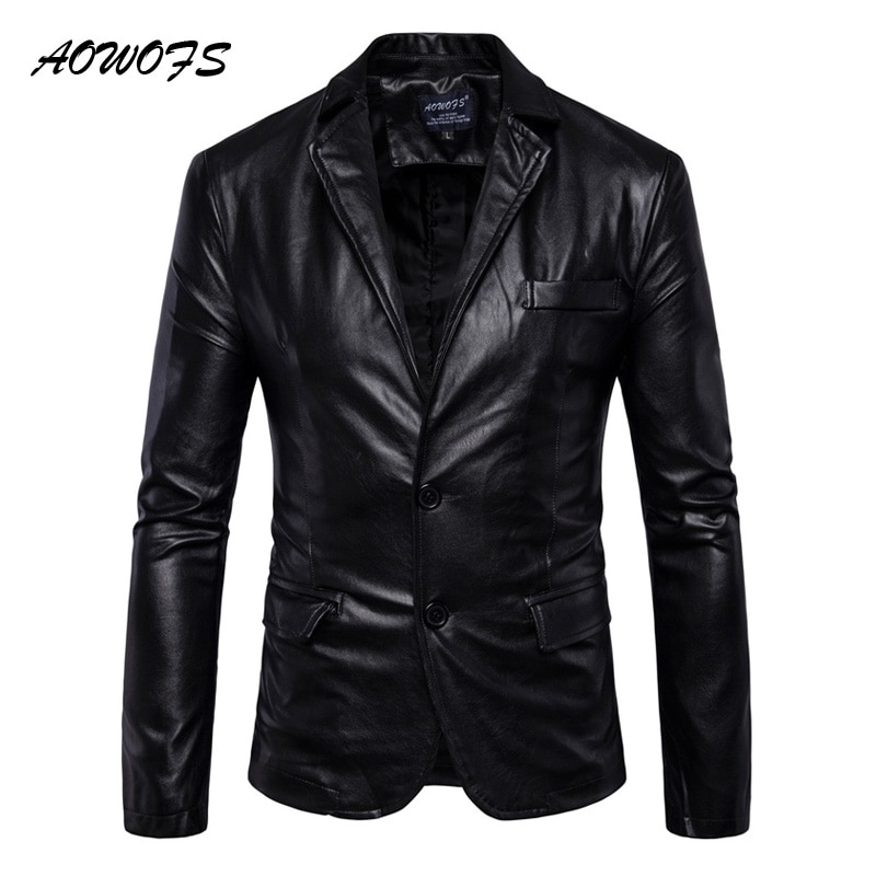 AOWOFS Heren Lederen Blazers Slim Fit Blazer Masculino Lente Herfst Bruin Zwart Lederen Blazer Mannen Jassen Plus Size 5XL