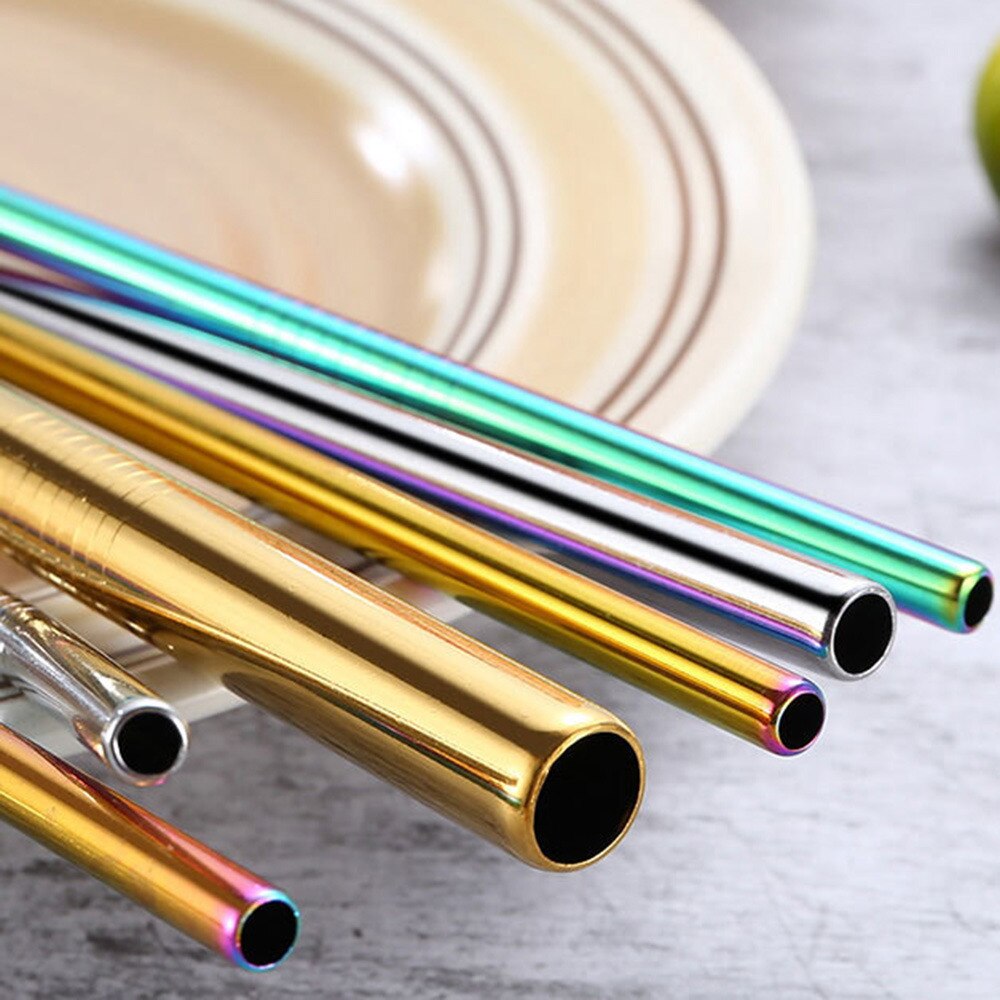 Rainbow Color Reusable Metal Straws Set With Cleaner Brush 304 Stainless Steel Drinking Straw Milk Drinkware Bar Party Accessory