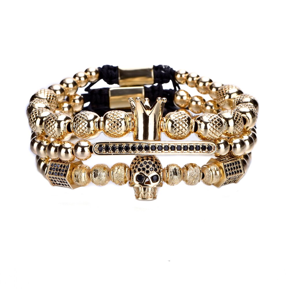 Luxury Royal Crown Skull Charm Bracelet Men Unique Gold Color Braided Adjustable Bangle Pulseira Bileklik: Gold 3pcs set