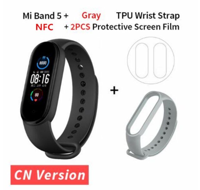 Xiaomi Mi Band 5 NFC Version Smart Bracelet AMOLED Screen Miband 5 Smartband Fitness Traker Bluetooth Heart Rate Smart Band: add gray strap film