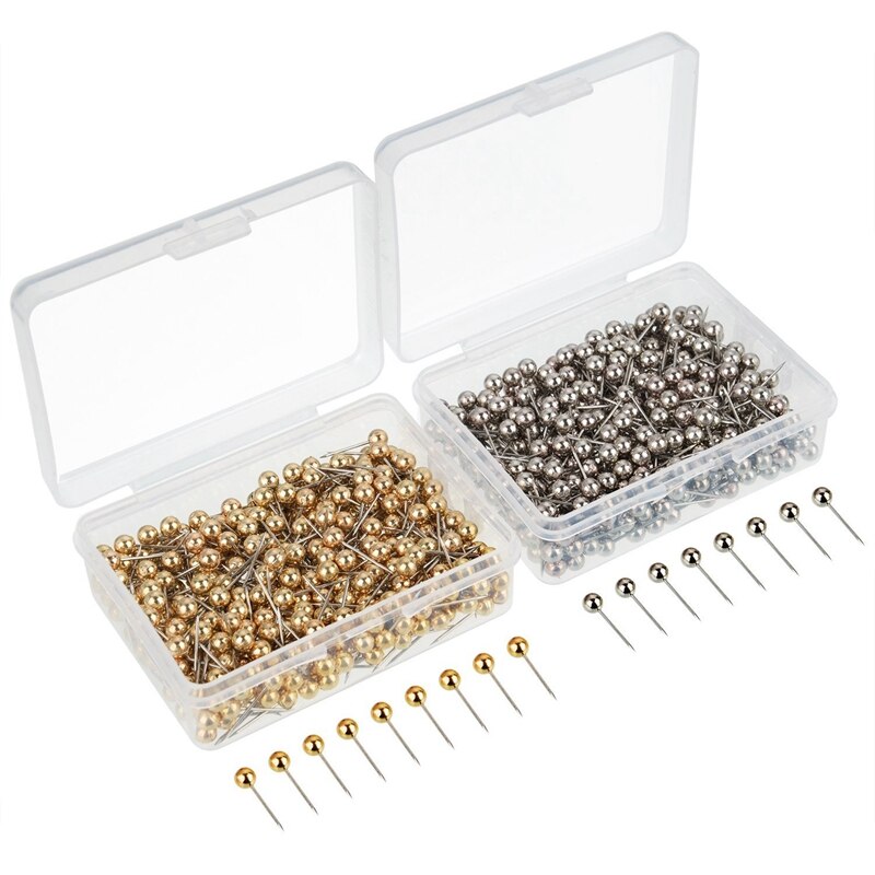 800 Pieces Map Tacks Push Pins Round Plastic Head with Stainless Steel Point, 0.16 Inch Head, Gold and Silver: Default Title