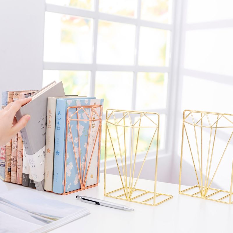 Diamond Shaped Metal Bookends Desk Organizer Book Support Stand Storage