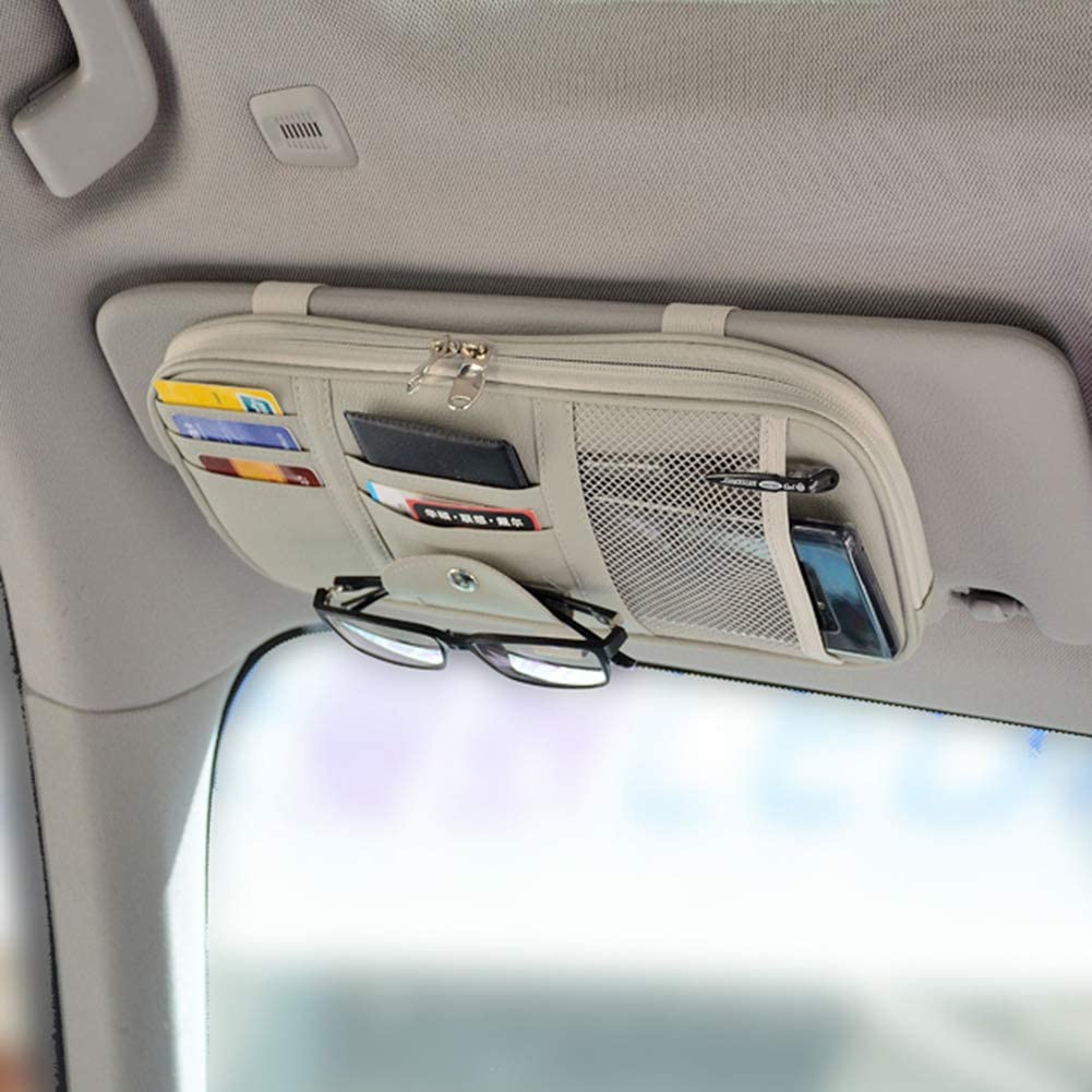 Car Sun Visor Organizer Auto Pocket Organizer Car Truck SUV Storage Pouch Glasses Bill Pen Card Holder Multi-Pocket Net Zipper