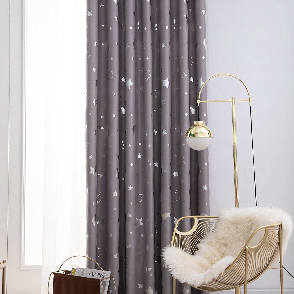 4 Kleuren Shiny Silver Moon Stars Shading Gordijnen Voor Kinderen Kind Slaapkamer Koreaanse Stijl Polyester Gordijnen Voor Woonkamer: Beige / 100x130cm