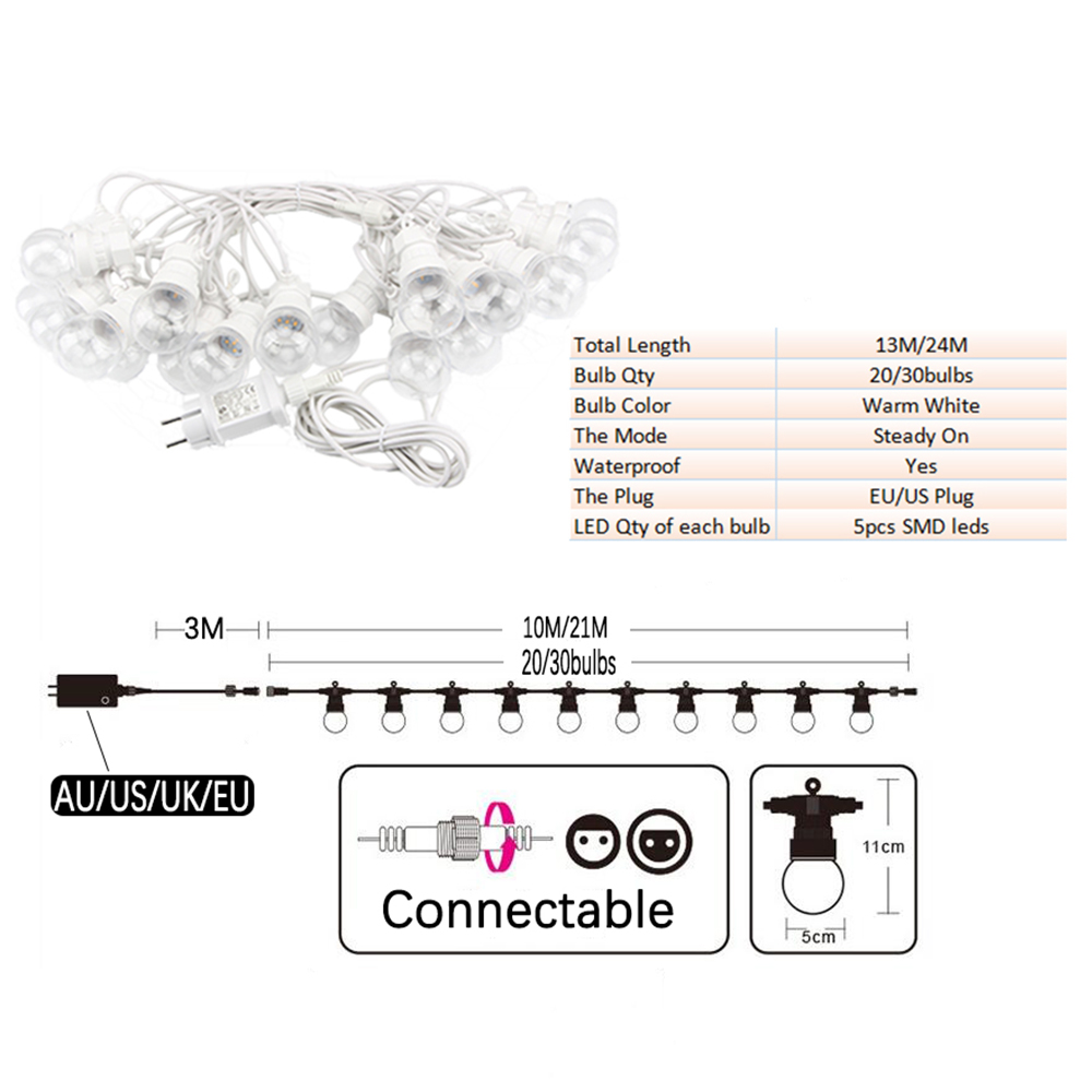 8M/13M/24M/38M LED Globe Ball String Light Street Christmas Fairy Led Festoon Outdoor For Garden Backyard Party Patio Decor