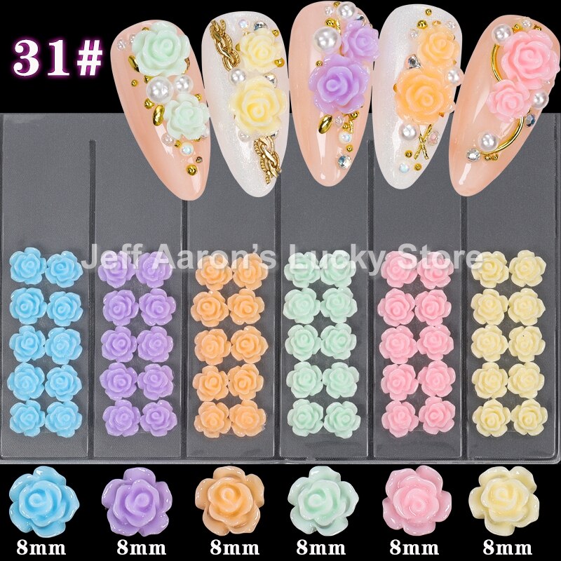 Blandet stil negler harpiks rose blomster cabochons cameo baseinnstilling 6mm 3d turkise rose blomster neglekunst dekorasjon tilbehør: Gzh 31