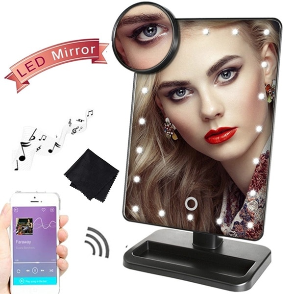 Espejo de maquillaje con pantalla táctil LED y 20 luces, espejo de sobremesa para maquillaje, espejo con aumento de 10x y bluetooth, espejo giratorio de 360 grados