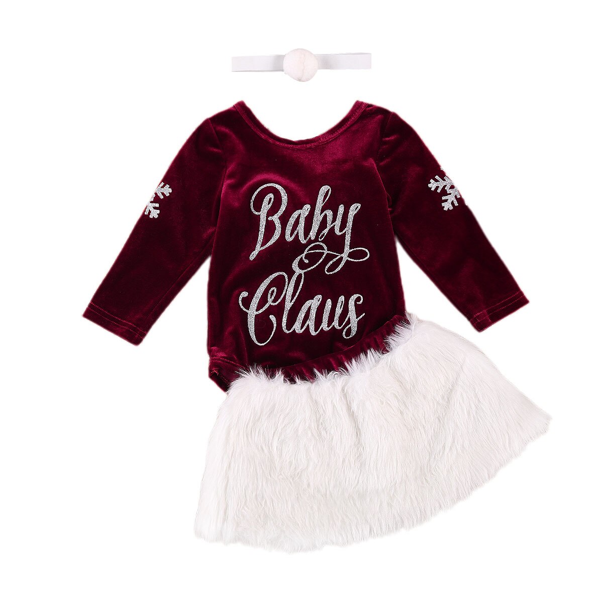 Kerstmis Peuter Pak Sneeuwvlok Afdrukken O-hals Lange Mouwen Rompertjes + Pluche Korte Rok + Bal Haarband Set Voor Baby meisjes