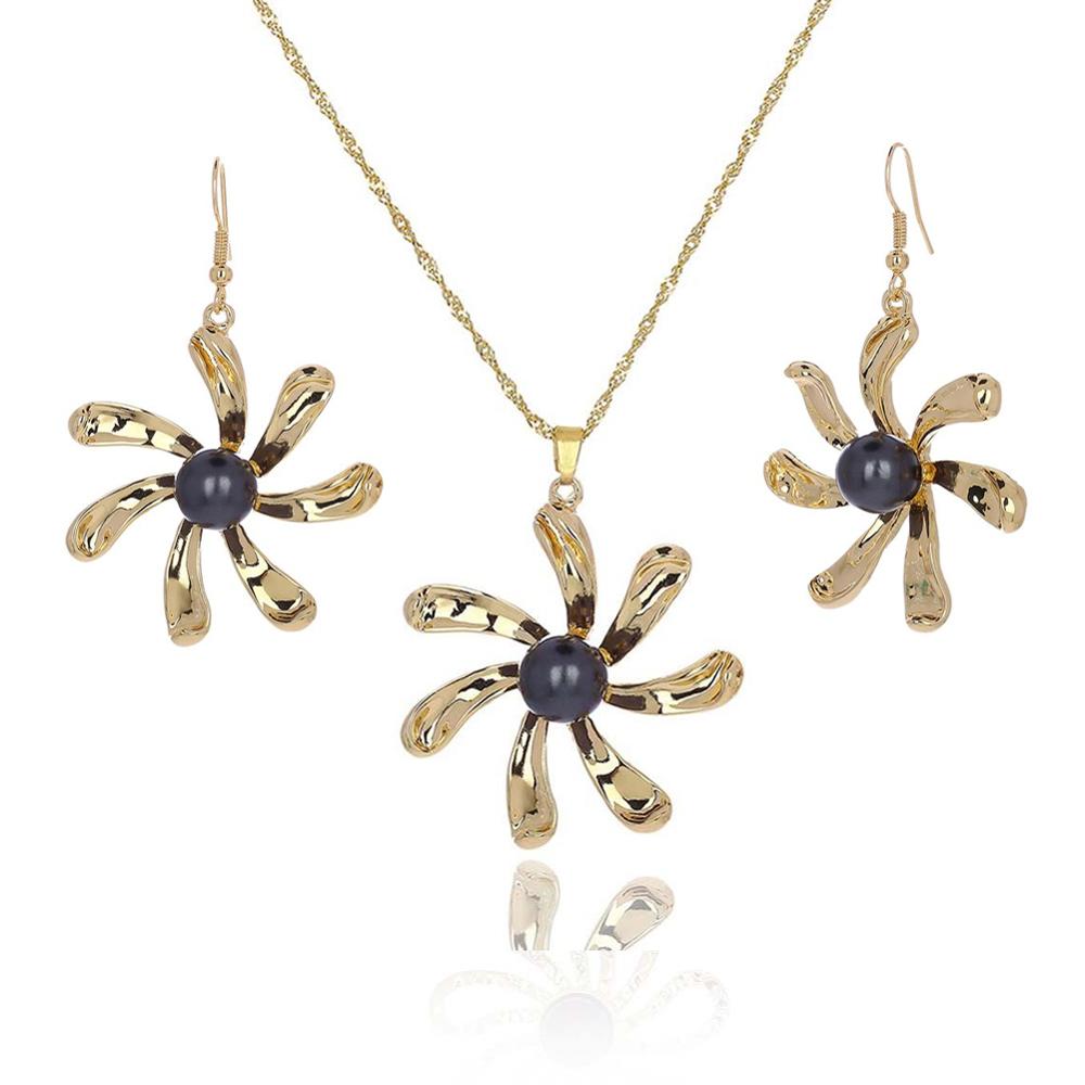 Cring Coco Mode Hibiscus Bloemen Sieraden Set Vrouwen Hawaiian Polynesische Vergulde Ketting Oorbellen Set: ZH0012GOGR